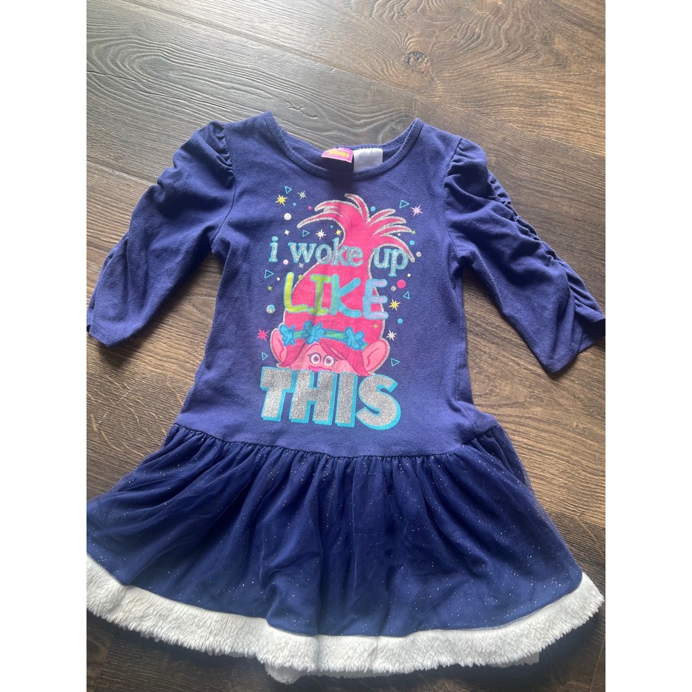 DreamWorks Trolls Girls‎ Dress Blue Poppy I Woke Up Like This Faux Fur Size 6 6X